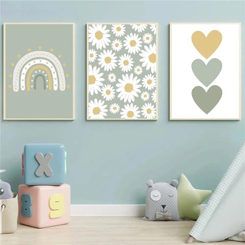 Ueiwffzo 3er Set Poster Kinderzimmer, Boho Gänseblümchen Regenbogen Wandbilder Kinderzimmer Deko, Bilder Leinwand Wandposter Kinderzimmer, Ohne Rahmen (21X30cm) von Ueiwffzo