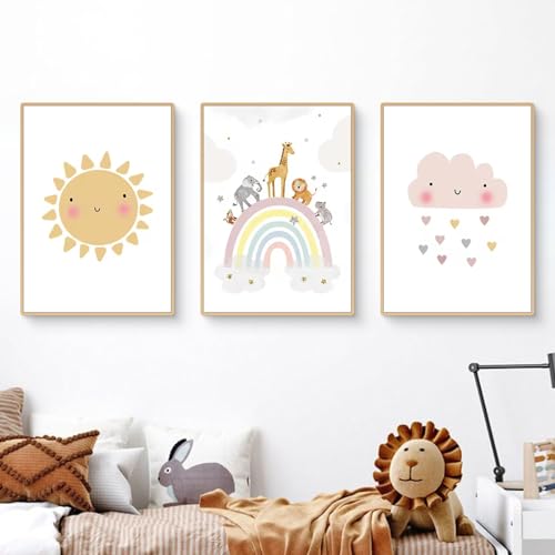 Ueiwffzo Bilder Kinderzimmer, 3er Set Bilder Kinderzimmer Mädchen, Boho Regenbogen Sonne Wolke Bilder Leinwand Wandposter Kinderzimmer, Ohne Rahmen (21x30cm) von Ueiwffzo