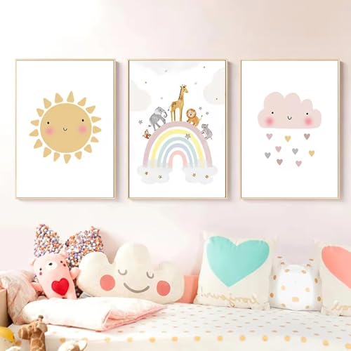 Ueiwffzo Bilder Kinderzimmer, 3er Set Bilder Kinderzimmer Mädchen, Boho Regenbogen Sonne Wolke Bilder Leinwand Wandposter Kinderzimmer, Ohne Rahmen (30x40cm) von Ueiwffzo