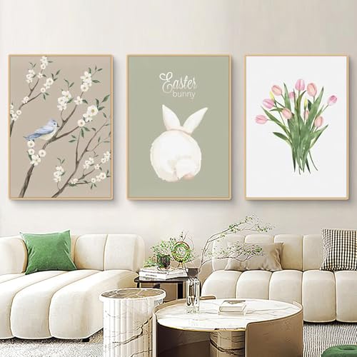 Ueiwffzo Bilder Kinderzimmer 3er Set, Premium Kaninchen Blumen Poster Set, Wandbilder Kinderzimmer für Babyzimmer Deko Mädchen Jungen, Ohne Rahmen (50x70cm) von Ueiwffzo