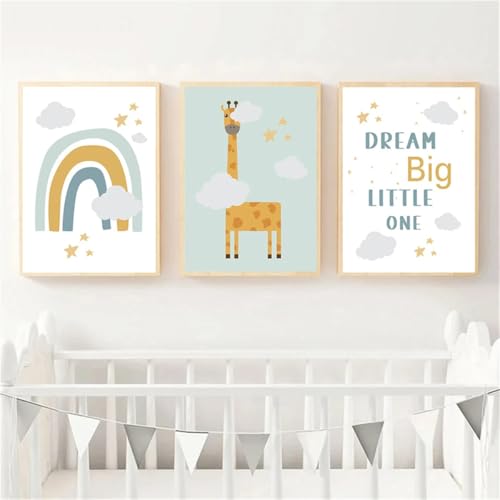 Ueiwffzo Bilder Kinderzimmer 3er Set Poster Regenbogen Giraffe Wolke Wandbilder Kinderzimmer Deko, Wandposter Premium | Mädchen und Jungen | Ohne Rahmen (30x40cm) von Ueiwffzo