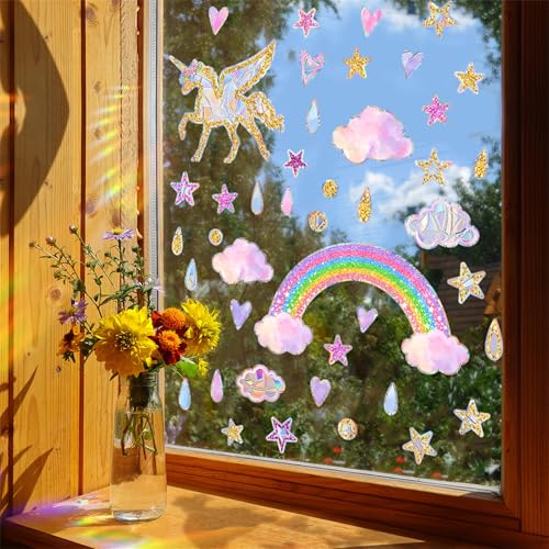 Ueiwffzo Fensterbilder Kinder Prisma Fensteraufkleber, Einhorn Regenbogen Fenstersticker, Suncatcher Sticker Fensterfolie für Kinderzimmer Mädchenzimmer von Ueiwffzo