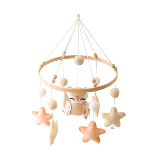 Ueiwffzo Mobile Baby - Holz Mobile für Babybett, Windspiel Baby, Eulen & Sterne Design - Hängende Mobile Baby Windspiele Attraktive Dekoration für Babyzimmer Deko (Beige) von Ueiwffzo