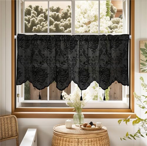 Ueiwffzo Scheibengardinen transparent Jacquard Gardine, Landhausstil Bistrogardine Transparent Vorhänge, Kurzgardinen für Cafe Küche Tür Korridor 1 Stück (Schwarz,BxH 132x46cm) von Ueiwffzo