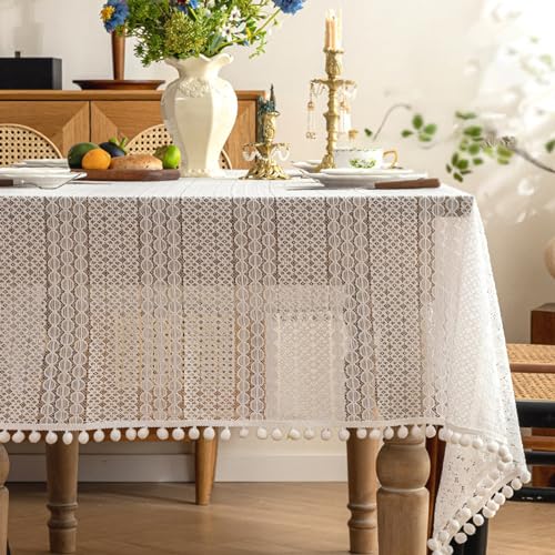 Ueiwffzo Tischdecken, Boho Vintage Rechteckig Bestickt Quasten Tischdecke, Baumwoll Abwaschbare Tischdecke für Esstisch Restaurant Party (Beige,140 x 100 cm) von Ueiwffzo