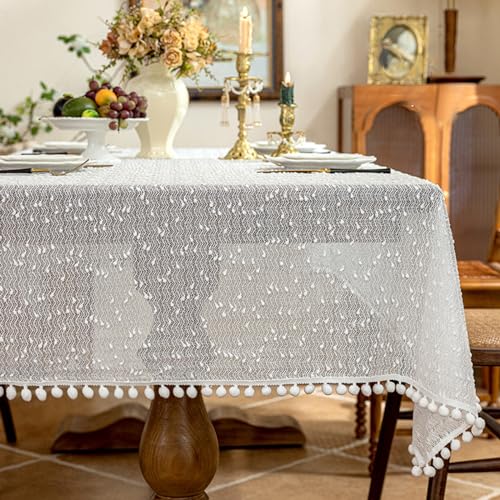 Ueiwffzo Tischdecken, Boho Vintage Rechteckig Bestickt Quasten Tischdecke, Baumwoll Abwaschbare Tischdecke für Esstisch Restaurant Party (Weiß,85 x 85 cm) von Ueiwffzo