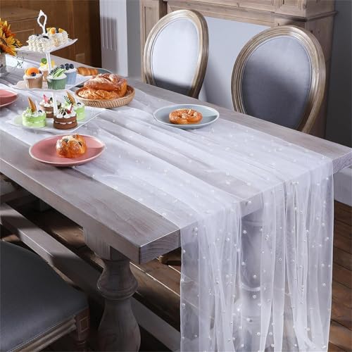 Ueiwffzo Tischläufer Hochzeit mit Glitzernd Perle Spitze Tischband Boho Tischläufer Modern Tischdecke Weihnachten Küche Tisch Party Dekor (Weiß,150 * 150cm) von Ueiwffzo