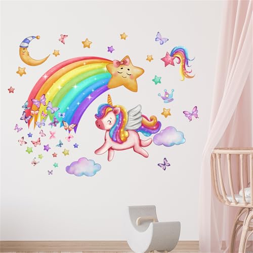 Ueiwffzo Wandtattoo Kinderzimmer, Babyzimmer Wandsticker, Selbstklebende Regenbogen Wandtattoo & Einhorn Wandsticker, Multifunktionale Wandaufkleber Einhorn für Kinderzimmer Babyzimmer von Ueiwffzo