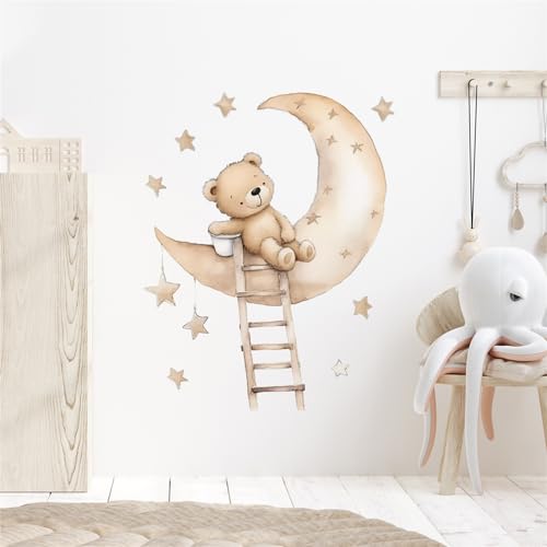 Ueiwffzo Wandtattoo Kinderzimmer, Wandsticker Babyzimmer Mond Teddybär Wandaufkleber Wandtattoo Mädchen Schlafzimmer Wanddekoration (Sternenbär) von Ueiwffzo