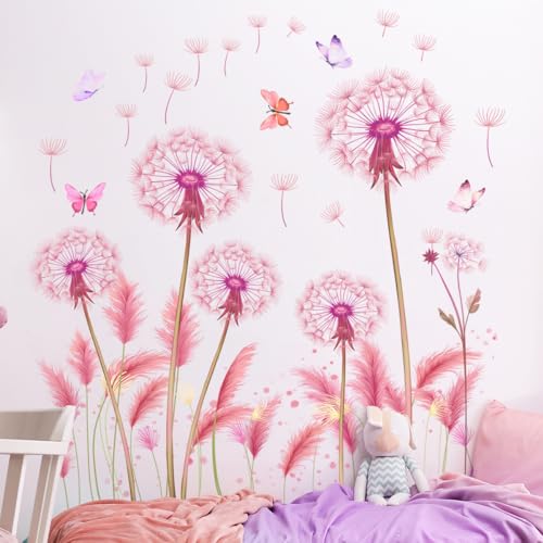 Ueiwffzo Wandtattoo Pusteblume XL Rosa Wandaufkleber Löwenzahn Pflanzen Blüten Schmetterling Aufkleber Wandsticker Wohnzimmer Babyzimmer Kinderzimmer Wanddeko von Ueiwffzo