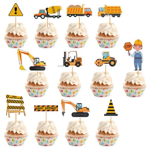Ueomul 12 Stück Bau-Thema Cupcake Wrapper und Topper Baufahrzeug TortenDeko Kuchen Picks Dekorationen für Jungen, Kinder Geburtstagskuchen Party Favours Supplies von Ueomul