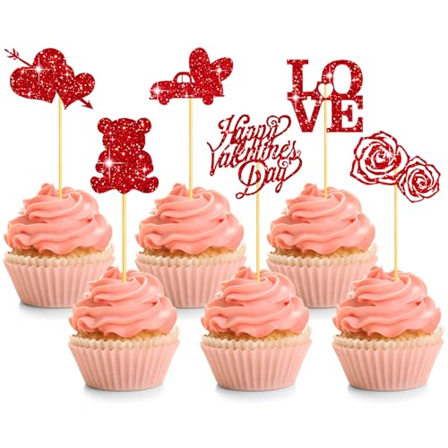 Ueomul 12 Stück Hochzeit Party TortenDeko Rot Glitter Liebe Herz Cupcake Toppers für Verlobung Hochzeit, Braut Jahrestag, Heiratsantrag, Valentinstag Kuchen Dekorationen Zubehör von Ueomul