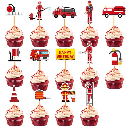 Ueomul 14 Stück Feuerwehr Thema Cupcake Wrapper und Topper Feuerwehrauto, Feuerwehrmann TortenDeko Kuchen Picks Dekorationen für Jungen, Kinder Geburtstagskuchen Party Favours Supplies von Ueomul