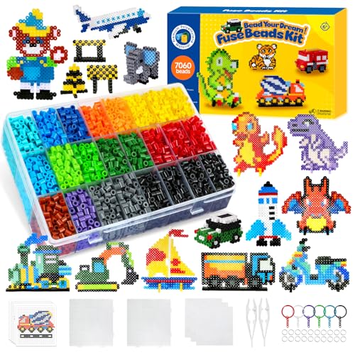 Ufoepv 7060 Stück Bügelperlen Set, Dino Steckperlen 5mm für Jungen Kinder 19 Farben mit Bügelperlen Platten, Sortierbox 18 Muster DIY Bügelperle Zubehör ab 3 Jahre Basteln Handwerk Geschenk von Ufoepv