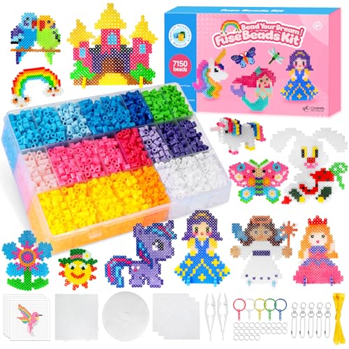 Ufoepv 7150 Stück Bügelperlen Set, Steckperlen 5mm für Mädchen Kinder 23 Farben mit Bügelperlen Platten, Sortierbox 21 Muster DIY Bügelperlenset Zubehör ab 3 Jahre Basteln Handwerk Geschenk von Ufoepv