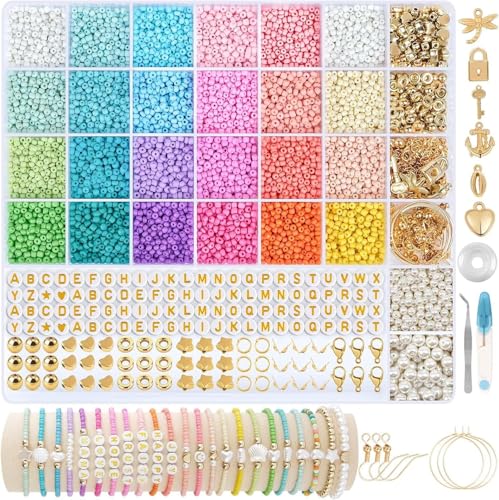 Perlen für Armbänder Pastell, 3mm Perlen Set, 24 Bunte Makkaron Matte Glasperlen zum Auffädeln, Perlen zum Auffädeln für DIY Bracelet Making Feiertage Partys Weihnachten von UieaMsio