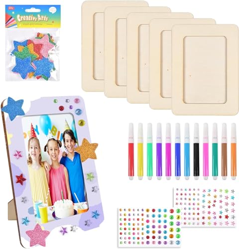 UieaMsio 6 StÜCk Bilderrahmen für Diy Holzfarbe Bilderrahmen Bastelset Kinder Bilderrahmen Set Holz Selbstklebende Glitzersteine Glitter Moosgummi Sticker Holzbilderrahmen Kinder für Geburtstage von UieaMsio