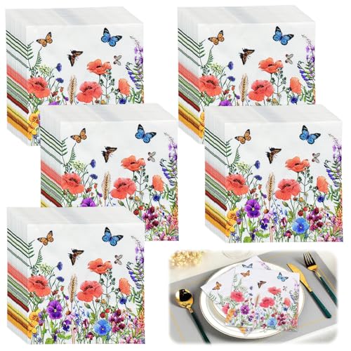 UieaMsio Papierservietten mit Blumen Servietten Blumenwiese Schmetterlinge Servietten Blumenmuster für Frühling Geburtstage Partys Hochzeiten Feiern 33x33cm (100 Stück) von UieaMsio