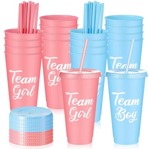 Uiifan 16 Stück Gender Reveal Partybecher Wiederverwendbare Gender Reveal Cup 680 ml Kunststoffbecher mit Deckel und Strohhalmen Baby Geschlecht offenbaren Partyzubehör von Uiifan