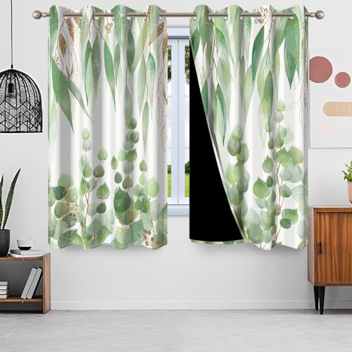 Uiiooazy Gardinen Eukalyptus, Vorhang Grün Blätter Pflanzen Textil Vorhänge Blickdicht Polyester Gardine Verdunklungsvorhänge mit Ösen für Wohnzimmer Schlazimmer Fenster Balkon 2er Set, 140x145cm von Uiiooazy