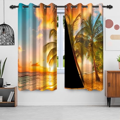 Gardinen Palmen, Uiiooazy Vorhänge Grün Blätter Tropisches Naturel Landschaft Gardinen Blickdicht Thermovorhang Polyester Thermogardine Verdunklungsvorhänge mit Ösen für Wohnzimmer, 2er Set, 140x245cm von Uiiooazy