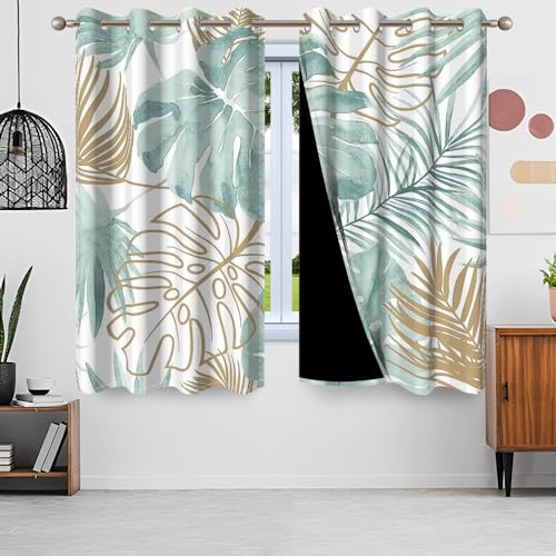 Gardinen Palmenblätter, Uiiooazy Vorhang Tropische Pflanzen Grün Gold Monstera Blatt Blickdicht Vorhänge Polyester Gardinen mit Ösen Verdunklungsvorhänge für Wohnzimmer Schlazimmer, 2 Stück, 140x200cm von Uiiooazy