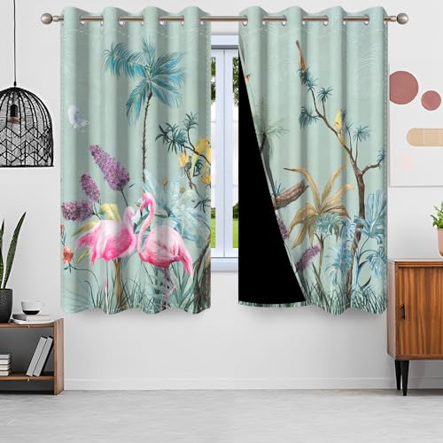 Gardinen Wald, Uiiooazy Vorhänge Palmenblätter Tropische Pflanzen Flamingo Thermovorhang Blickdicht Polyester Vorhang Verdunkelungsvorhänge mit Ösen für Schlafzimmer Wohnzimmer Kinderzimmer, 140x145cm von Uiiooazy