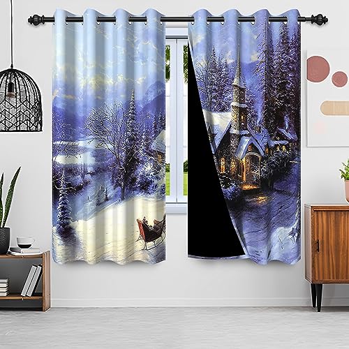 Gardinen Weihnachten, Uiiooazy Vorhänge Blau Waldmotiv Winterlandschaft Thermovorhang Blickdicht Polyester Verdunkelungsvorhänge mit Ösen für Schlafzimmer Wohnzimmer Kinderzimmer, 2er Set, 135Bx215Hcm von Uiiooazy