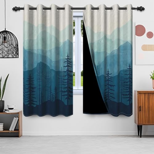 Uiiooazy Gardinen Blau, Vorhänge Abstrakt Waldmotiv Berg Landschaft Gardinen Blickdicht Thermovorhang Polyester Thermogardinen Verdunklungsvorhänge mit Ösen für Wohnzimmer Schlafzimmer, 135x160cm von Uiiooazy