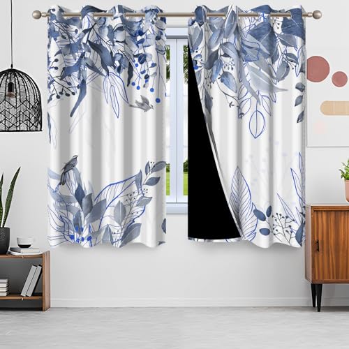 Uiiooazy Gardinen Eukalyptus, Vorhänge Blau Blätter Blumenmuster Ösenvorhang Blickdicht Thermogardinen Fensterschal Verdunklungsvorhänge für Wohnzimmer Schlafzimmer Kinderzimmer, 2er Set, 140Bx145Hcm von Uiiooazy