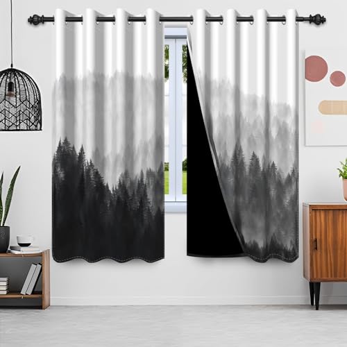 Uiiooazy Gardinen Schwarz Grau, Vorhänge Waldmotiv Naturel Landschaft Gardinen Blickdicht Thermovorhang Polyester Thermogardinen Verdunklungsvorhänge mit Ösen für Wohnzimmer, 2er Set, 140x175cm von Uiiooazy