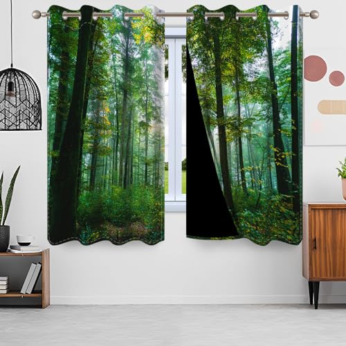 Uiiooazy Gardinen Wald, Vorhänge Grün Blätter Pflanzen Baum Motiv Thermovorhang Polyester Schattierungsvorhänge Verdunkelungsvorhänge mit Ösen für Schlafzimmer Wohnzimmer Kinderzimmer, 140x160cm von Uiiooazy