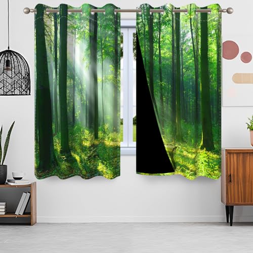 Uiiooazy Gardinen Wald, Vorhänge Grün Blätter Wälder Sonnenlicht Druck Schattierungsvorhänge Thermovorhang Polyester Verdunkelungsvorhänge mit Ösen für Schlafzimmer Wohnzimmer Kinderzimmer, 140x145cm von Uiiooazy