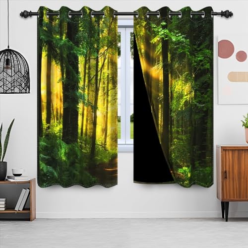 Uiiooazy Gardinen Waldmotiv, Vorhänge Grün Blätter Naturel Landschaft Gardinen Blickdicht Thermovorhang Polyester Thermogardinen Verdunklungsvorhänge mit Ösen für Wohnzimmer Schlafzimmer 135x215cm von Uiiooazy