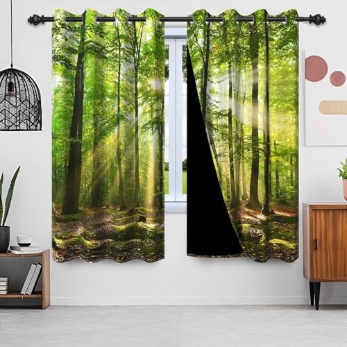 Uiiooazy Gardinen Waldmotiv, Vorhänge Grün Blätter Sonnenlicht Landschaft Gardinen Blickdicht Thermovorhang Polyester Thermogardinen Verdunklungsvorhänge mit Ösen für Wohnzimmer, 2er Set, 140x145cm von Uiiooazy