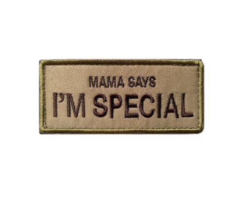 Uijokdef Uijokdef Taktischer Moralaufnäher mit Haken und Schlaufe, bestickt mit Aufschrift "Mama Says I'm Special", Braun, 1 Stück von Uijokdef