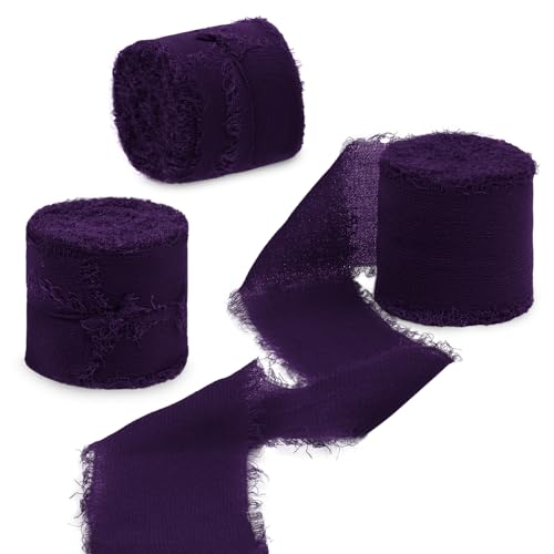 Uiopa 3 Rollen Chiffonband, Schleifenband Dunkelviolett 4cm x 15m Geschenkband Hochzeit, Fransenband Dekoband Stoffband für Geschenk, Basteln, Brautstrauß, Tisch-Deko, DIY Handwerk von Uiopa