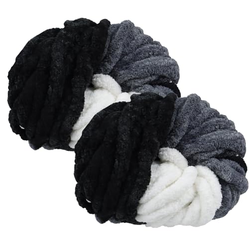 Uiopa Armstricken Wolle, 2 x 250g Chunky Yarn Dicke Wolle zum Handstricken, Bulky Chunky Wolle Häkel Dickes Garn für Decken, Kissen, Haustierbetten, DIY-Handwerk (Weiß-Schwarz-Grau) von Uiopa