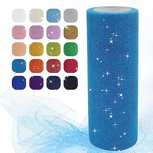 Uiopa Glitzer Tüll Blauer See, 15cm x 22,8m Glitzerstoff Polyester Tüllband Hochzeit Dekostoff, Tüll Stoff Rolle für Tutu-Röcke Party Hochzeit Tisch Deko Geschenkverpackung DIY-Handwerk von Uiopa