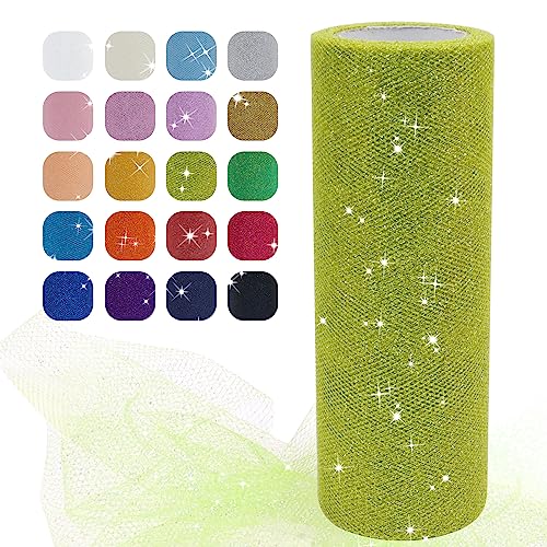 Uiopa Glitzer Tüll Fruchtgrün, 15cm x 22,8m Glitzerstoff Polyester Tüllband Hochzeit Dekostoff, Tüll Stoff Rolle für Tutu-Röcke Party Hochzeit Tisch Deko Geschenkverpackung DIY-Handwerk von Uiopa