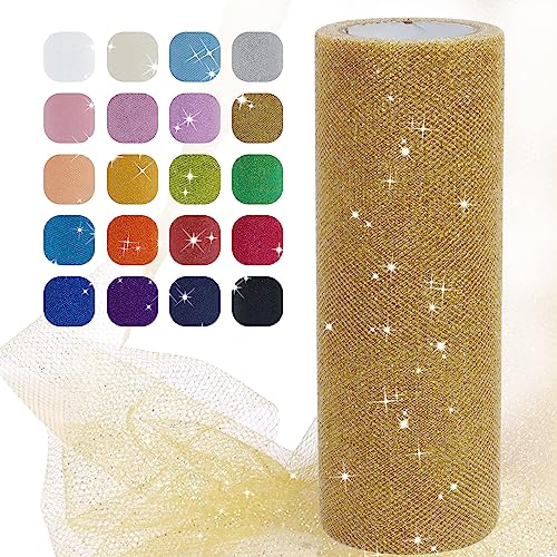 Uiopa Glitzer Tüll Gold, 15cm x 22,8m Glitzerstoff Polyester Tüllband Hochzeit Dekostoff, Tüll Stoff Rolle für Tutu-Röcke Party Hochzeit Tisch Deko Geschenkverpackung DIY-Handwerk von Uiopa