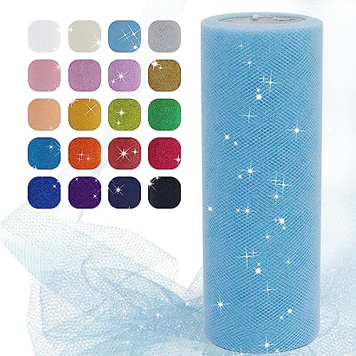 Uiopa Glitzer Tüll Hellblau, 15cm x 22,8m Glitzerstoff Polyester Tüllband Hochzeit Dekostoff, Tüll Stoff Rolle für Tutu-Röcke Party Hochzeit Tisch Deko Geschenkverpackung DIY-Handwerk von Uiopa