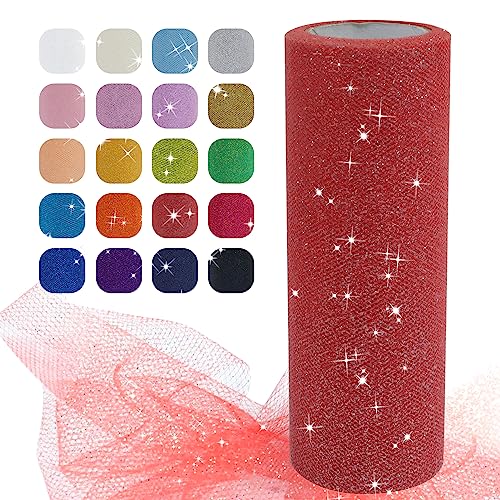 Uiopa Glitzer Tüll Rot, 15cm x 22,8m Glitzerstoff Polyester Tüllband Hochzeit Dekostoff, Tüll Stoff Rolle für Tutu-Röcke Party Hochzeit Tisch Deko Geschenkverpackung DIY-Handwerk von Uiopa