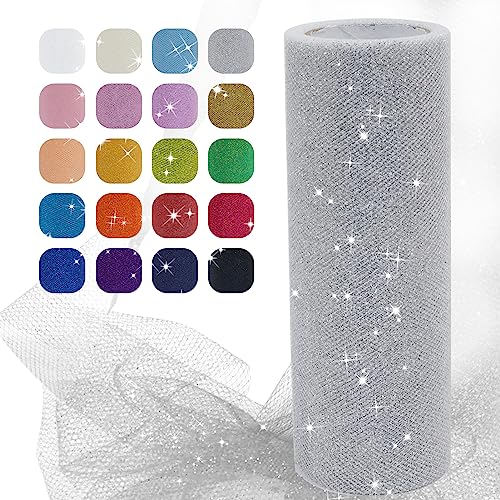 Uiopa Glitzer Tüll Silber, 15cm x 22,8m Glitzerstoff Polyester Tüllband Hochzeit Dekostoff, Tüll Stoff Rolle für Tutu-Röcke Party Hochzeit Tisch Deko Geschenkverpackung DIY-Handwerk von Uiopa