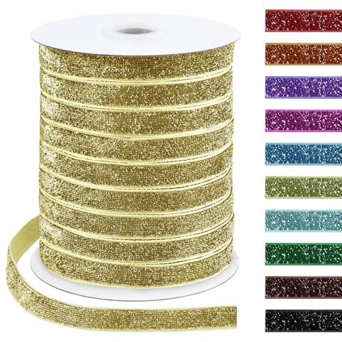 Uiopa Glitzerband 10mm x 45m Samtband Glitzer Geschenkbänder Dekoband für Geschenkverpackung, Kränze, Bogen Herstellung, Hochzeit, Party, Home Decor, DIY Handwerk (Helles Gold) von Uiopa