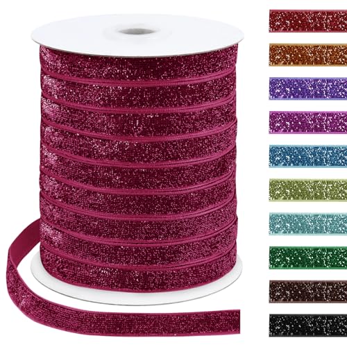 Uiopa Glitzerband 10mm x 45m Samtband Glitzer Geschenkbänder Dekoband für Geschenkverpackung, Kränze, Bogen Herstellung, Hochzeit, Party, Home Decor, DIY Handwerk (Rosenrot) von Uiopa