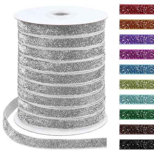 Uiopa Glitzerband 10mm x 45m Samtband Glitzer Geschenkbänder Dekoband für Geschenkverpackung, Kränze, Bogen Herstellung, Hochzeit, Party, Home Decor, DIY Handwerk (Silber) von Uiopa