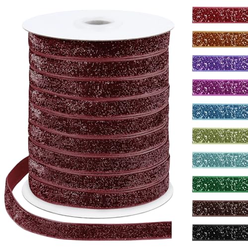 Uiopa Glitzerband 10mm x 45m Samtband Glitzer Geschenkbänder Dekoband für Geschenkverpackung, Kränze, Bogen Herstellung, Hochzeit, Party, Home Decor, DIY Handwerk (Weinrot) von Uiopa