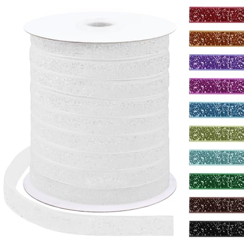 Uiopa Glitzerband 10mm x 45m Samtband Glitzer Geschenkbänder Dekoband für Geschenkverpackung, Kränze, Bogen Herstellung, Hochzeit, Party, Home Decor, DIY Handwerk (Weiß) von Uiopa