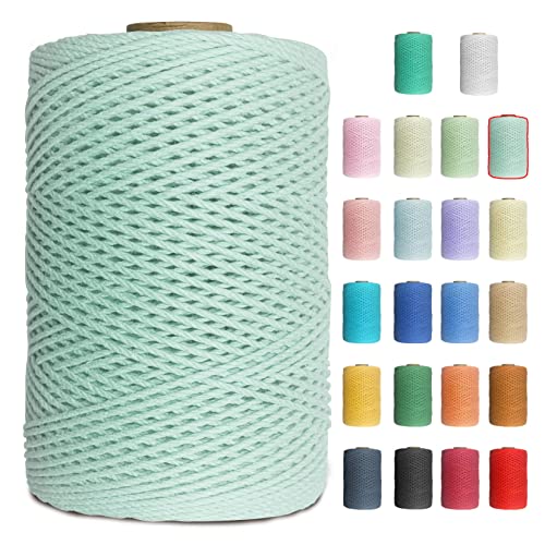 Uiopa Makramee Garn 1mm x 200m Baumwollgarn Baumwollkordel Macrame Cord 3 Stränge Farbig für Wandbehang, Weben, Häkeln, Textilgarn, Macrame Basteln (Minzgrün) von Uiopa